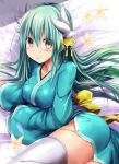 1girl aqua_hair ass bangs blush breasts cherry_blossoms collarbone commentary_request dragon_horns eyebrows_visible_through_hair fate/grand_order fate_(series) green_hair hair_between_eyes hair_ornament horns japanese_clothes kimono kiyohime_(fate/grand_order) large_breasts long_hair looking_at_viewer sen_(astronomy) sleeves_past_wrists solo thigh-highs white_legwear wide_sleeves yellow_eyes 