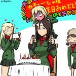  =3 bangs birthday_cake black_footwear black_hair black_legwear black_skirt blank_eyes blonde_hair blowing blue_eyes blush blush_stickers brown_hair brown_headwear cake candle carrying cellphone chair character_name clara_(girls_und_panzer) closed_eyes closed_mouth commentary food frown fruit full-face_blush fur_hat girls_und_panzer green_jacket happy_birthday hat heart holding holding_cellphone holding_phone insignia jacket katyusha kogane_(staygold) leaning_forward loafers long_hair long_sleeves lowres miniskirt nina_(girls_und_panzer) no_eyes nonna open_mouth phone pleated_skirt pravda_school_uniform red_shirt school_uniform serious shirt shoes short_hair short_twintails shoulder_carry sitting skirt smartphone smile socks standing strawberry sweatdrop swept_bangs table tablecloth taking_picture translated turtleneck twintails twitter_username ushanka 
