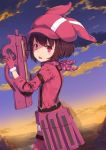  1girl animal_ears animal_hat bangs blush brown_hair bullpup clouds commentary_request from_side fur_trim gloves gun hat highres holding jacket kaname_(melaninusa09) llenn_(sao) looking_at_viewer outdoors p90 pants pink_gloves pink_headwear rabbit_ears short_hair solo submachine_gun sunset sword_art_online sword_art_online_alternative:_gun_gale_online weapon 