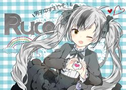  1boy april_fools black_dress black_hair black_neckwear black_ribbon blush commentary crescent crossdressinging dress fang frills grey_hair hair_ribbon heart heart_hands high-waist_skirt kamiyoshi_rika long_sleeves looking_at_viewer multicolored_hair nijisanji otoko_no_ko rainbow ribbon silver_hair skin_fang skirt smile solo star suzuki_masaru translated twintails upper_body virtual_youtuber yellow_eyes 