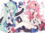  2girls :d bangs bare_shoulders black_dress black_gloves black_legwear blade_(galaxist) blue_eyes blush bow breasts closed_mouth commentary dress eyebrows_visible_through_hair fang flower garter_straps gloves green_hair hair_between_eyes hair_ornament honkai_(series) honkai_impact_3rd intertwined_tails liliya_olyenyey long_hair looking_at_viewer multiple_girls open_mouth pink_hair polka_dot polka_dot_background red_bow red_flower red_rose rose rozaliya_olyenyey short_eyebrows small_breasts smile sparkle symbol-shaped_pupils tail thigh-highs very_long_hair white_background white_legwear 