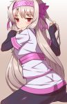  1girl ainu_clothes ass bangs blush bow breasts fate/grand_order fate_(series) fingerless_gloves gloves hair_between_eyes hair_bow hairband illyasviel_von_einzbern index_finger_raised long_hair looking_at_viewer nt00 pantyhose red_eyes sash shirt sitonai small_breasts smile solo white_hair white_shirt 