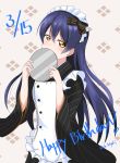  1girl absurdres apron arm_up bangs birthday blue_hair blush character_name commentary_request covering_mouth dated english_text frills hair_between_eyes highres holding long_hair long_sleeves looking_at_viewer love_live! love_live!_school_idol_project maid_headdress simple_background solo sonoda_umi standing wa_maid yellow_eyes 