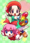  adeleine black_hair blue_eyes blue_legwear brown_footwear collar commentary_request dress fairy fairy_wings green_background heart highres kirby:_star_allies kirby_(series) kirby_64 looking_at_viewer open_mouth paint pink_hair red_dress red_ribbon ribbon ribbon_(kirby) smile smock star tendoast violet_eyes white_collar wings 