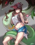  1girl absurdres artist_name black_panties brown_hair buttons commentary dated denim denim_shorts gen_5_pokemon grey_background hair_down hat highres licking_lips long_hair midriff navel open_clothes open_fly open_shorts panties poke_ball pokemon pokemon_(creature) pokemon_(game) pokemon_bw red_eyes serperior shaded_face short_shorts shorts signature simple_background snake stomach tank_top tongue tongue_out touko_(pokemon) unbuttoned underwear vest wavy_hair yedan999 