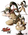  1girl asui_tsuyu black_eyes boku_no_hero_academia breasts closed_eyes cosplay eating frog green_hair hair_between_eyes hair_rings highres ibuki_(street_fighter) ibuki_(street_fighter)_(cosplay) kellzallday30 long_hair long_tongue low-tied_long_hair mask multiple_views sideboob signature simple_background street_fighter tongue very_long_hair white_background 