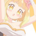  1girl armpits arms_up bangs bare_shoulders blonde_hair blush breasts endro! fai_fai flower hair_flower hair_ornament large_breasts looking_at_viewer open_mouth pink_flower short_hair solo strapless trg-_(sain) yellow_eyes 