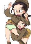  2girls ;d arms_up ass_visible_through_thighs bangs black_hair blush blush_stickers boots bow bow_panties braid brown_eyes brown_footwear brown_hair brown_jacket chi-hatan_military_uniform commentary_request crotch_seam frown fukuda_(girls_und_panzer) girls_und_panzer glasses green_eyes green_panties hair_rings hamahara_yoshio helmet highres hosomi_(girls_und_panzer) jacket knee_boots lace lace-trimmed_panties lifted_by_another long_hair long_sleeves looking_at_another looking_down military military_uniform miniskirt multiple_girls one_eye_closed open_mouth panties pleated_skirt round_eyewear short_hair skirt skirt_lift smile standing striped striped_panties sweatdrop translated twin_braids twintails underwear uniform yellow_skirt 