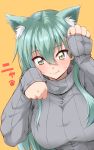  1girl alternate_costume animal_ears aqua_hair blush breasts cat_day cat_ears closed_mouth commentary eyebrows_visible_through_hair fang fang_out green_eyes grey_sweater hair_between_eyes kantai_collection large_breasts long_hair mikagami_sou paw_background paw_pose simple_background slit_pupils smile solo suzuya_(kantai_collection) sweater translated yellow_background 