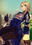  1girl absurdres armor blonde_hair blue_dress blue_eyes blurry blurry_background braid breastplate brown_gloves brown_pants copyright_request cosmetics depth_of_field dress gloves highres holding holding_lipstick_tube kagematsuri knee_pads lipstick_tube long_hair long_sleeves looking_at_viewer pants parted_lips sitting solo 