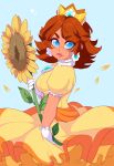  1girl bangs bare_arms blue_eyes brooch brown_hair closed_mouth crown dress earrings eyebrows eyebrows_visible_through_hair flower flower_earrings freckles frills gloves highres holding holding_flower jewelry lips long_dress long_hair looking_at_viewer super_mario_bros. mole mole_under_mouth parted_bangs princess_daisy puffy_short_sleeves puffy_sleeves queen_ashi short_sleeves sidelocks smile solo sunflower tan white_gloves wind wind_lift yellow_dress 
