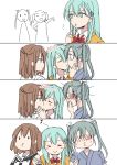  3girls aqua_hair blush blush_stickers brown_hair closed_eyes commentary grey_hair hair_ornament hairclip highres japanese_clothes kantai_collection kiss lipstick lipstick_tube long_hair makeup multiple_girls o3o puckered_lips remodel_(kantai_collection) sanpachishiki_(gyokusai-jima) sendai_(kantai_collection) suzuya_(kantai_collection) translated twintails yuri zuikaku_(kantai_collection) 