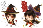  &gt;_&lt; 1girl blush bongo_cat brown_hair cape chibi choker commentary_request eyepatch eyepatch_removed fingerless_gloves gloves hat hat_removed headwear_removed heart highres kono_subarashii_sekai_ni_shukufuku_wo! megumin meme partial_commentary pressing red_eyes short_hair_with_long_locks translated twitter white_background witch_hat yuno_(suke_yuno) 