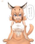 1girl bare_shoulders belt blue_eyes caracal_(kemono_friends) caracal_ears caracal_tail commentary confession elbow_gloves extra_ears eyebrows_visible_through_hair fangs gloves hair_between_eyes highres kemono_friends looking_at_viewer medium_hair necktie open_mouth orange_gloves orange_hair orange_neckwear orange_skirt shirt simple_background skirt sleeveless sleeveless_shirt solo tail tears thin_(suzuneya) translated v-shaped_eyebrows white_background white_belt white_shirt