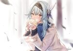  1girl alternate_costume black_hairband blue_hair blue_nails blue_scarf blurry blurry_background blush brown_eyes casual coat depth_of_field eating eula_(genshin_impact) feathers food genshin_impact grey_coat hair_ornament hairband holding holding_food long_hair long_sleeves mugen_kageno nail_polish open_clothes open_coat scarf sitting sleeves_past_wrists solo steam 