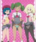  3girls black_legwear blonde_hair blue_eyes blue_hair blue_panties breasts closed_mouth dress feet_out_of_frame glasses green_eyes green_hair grey_dress hat heart heart_background highres lifted_by_self lillie_(pokemon) long_hair looking_at_viewer mallow_(pokemon) multiple_girls ontaros panties pantyhose pink_background pokemon pokemon_(anime) pokemon_sm113 pokemon_sm_(anime) purple_panties ribbon short_hair small_breasts smile socks suiren_(pokemon) underwear white_legwear 