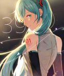  1girl 39 2019 ;) arms_at_sides backlighting bare_shoulders black_background blue_eyes blue_hair blurry blush character_name depth_of_field detached_sleeves floating_hair grey_shirt happy hatsune_miku konomi_(kumagai20) long_hair looking_back number number_tattoo one_eye_closed shirt shoulder_tattoo simple_background sleeveless sleeveless_shirt smile solo sparkle standing string tattoo twintails upper_body very_long_hair vocaloid 