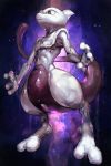  aura closed_mouth full_body gen_1_pokemon hankuri jpeg_artifacts mewtwo muscle navel no_humans pokemon pokemon_(creature) shiny shiny_skin solo space standing star_(sky) violet_eyes 