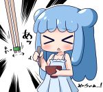  &gt;_&lt; 1girl bangs bare_arms bare_shoulders blue_dress blue_hair blush bowl chibi chopsticks closed_eyes double_bun dress emphasis_lines eyebrows_visible_through_hair goo_girl half_slime-chan hana_kazari holding holding_bowl holding_chopsticks long_hair monster_girl open_mouth original pleated_dress simple_background sleeveless sleeveless_dress solo translated very_long_hair white_background 