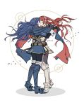  2girls arms_around_waist belt boots cape closed_eyes commentary english_commentary fingerless_gloves fire_emblem fire_emblem:_kakusei gloves kiss leaves_in_wind long_hair lucina multiple_girls redhead selena_(fire_emblem) simple_background standing strap thigh-highs tiara twintails white_background yuri yuroran 
