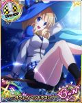  1girl :d bishop_(chess) blonde_hair blue_eyes blue_headwear breasts broom broom_riding cape card_(medium) character_name chess_piece hat high_school_dxd high_school_dxd_born high_school_dxd_hero le_fay_pendragon long_hair looking_at_viewer medium_breasts night night_sky official_art open_mouth skirt sky smile socks solo trading_card witch_hat 
