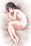  1girl barefoot bed_sheet black_hair blush commentary_request from_above full_body hair_down highres hitotsuki_no_yagi long_hair looking_at_viewer love_live! love_live!_school_idol_project lying on_side parted_lips profile red_eyes shiny shiny_skin sideways_glance solo tareme towel wet white_towel yazawa_nico 