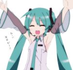  1girl aqua_hair armpits arms_up bare_shoulders closed_eyes commentary detached_sleeves excited hair_ornament hatsune_miku headset lamazep light_blush long_hair necktie see-through_sleeves smile solo translated twintails upper_body very_long_hair vocaloid white_background 