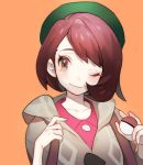  1girl ball bangs blush brown_eyes brown_hair cardigan closed_mouth commentary dress female_protagonist_(pokemon_swsh) green_headwear grey_cardigan grey_coat hat holding holding_ball holding_poke_ball one_eye_closed orange_background pink_dress poke_ball poke_ball_(generic) pokemon pokemon_(game) pokemon_swsh simple_background smile solo swept_bangs tam_o&#039;_shanter zuizi 