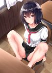  1girl black_eyes black_hair black_panties black_skirt blush breasts chair curtains desk highres jaku_denpa large_breasts lips necktie original panties pleated_skirt red_neckwear school_chair school_desk school_uniform short_hair sitting skirt solo underwear window 