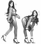  1girl bent_over greyscale high_heels highres lee_mi-joo long_hair lovelyz monochrome multiple_views real_life revolmxd simple_background walking white_background 