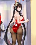  1girl absurdres animal_ears ass azur_lane bangs bare_shoulders black_hair breasts bunny_girl bunny_tail bunnysuit chair closed_mouth crossed_bangs cup detached_collar drinking_glass fishnet_pantyhose fishnets hair_ornament high_heels highres holding holding_tray indoors large_breasts leotard long_hair looking_at_viewer looking_to_the_side pantyhose rabbit_ears red_eyes red_leotard restaurant ribbon shoshinsha sideboob striped striped_ribbon taihou_(azur_lane) tail tray very_long_hair waitress wine_glass wrist_cuffs 