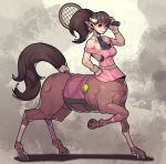  1girl absurdres ball bangs brown_hair centaur fengmo full_body halterneck hand_on_hip highres hooves horse_tail leg_up looking_at_viewer monster_girl off_shoulder original over_shoulder pink_shirt pointy_ears ponytail racket shirt smile solo sportswear tail tennis tennis_ball tennis_racket 