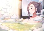  1girl alternate_hairstyle bangs bath bathing blue_eyes blush breasts closed_mouth collarbone commentary_request high_ponytail indoors kagamihara_sakura large_breasts long_hair nude onsen partially_submerged plan_(planhaplalan) purple_hair sitting solo steam swept_bangs water wet yurucamp 