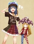  2girls :d ;) alternate_costume american_flag_legwear arm_up bangs bare_shoulders black_collar black_shirt blonde_hair blue_eyes blue_hair blue_legwear blush breasts chain clothes_writing clownpiece collar collarbone commentary_request doyagao earth_(ornament) eyebrows_visible_through_hair feet_out_of_frame grin hand_on_hip hat hecatia_lapislazuli hecatia_lapislazuli_(earth) height_difference jester_cap long_hair looking_at_viewer miniskirt multicolored multicolored_clothes multicolored_skirt multiple_girls off-shoulder_shirt off_shoulder one_eye_closed open_mouth pantyhose petticoat plaid plaid_skirt polka_dot polka_dot_hat polos_crown pom_pom_(clothes) purple_headwear red_eyes red_legwear red_shirt shirt short_sleeves skirt small_breasts smile smug standing star star_print striped striped_legwear t-shirt teeth thighs touhou translated urin very_long_hair white_legwear 