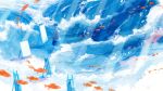  1boy bangs blue_hair blue_shorts blue_theme blunt_bangs bubble canvas_(object) day easel fish goldfish hair_over_eyes hosiiro original outdoors paintbrush painting_(object) palette shorts solo standing sunlight wading water waves 