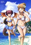  2girls :d absurdres alternate_hairstyle anne_(shingeki_no_bahamut) ball barefoot beach beachball bikini bikini_skirt blue_bikini blue_sky blush breasts brown_hair chestnut_mouth clouds cloudy_sky collarbone day dragon_girl dragon_horns dragon_tail fingernails floating_island flower grea_(shingeki_no_bahamut) green_eyes groin hair_between_eyes hair_bun hair_flower hair_ornament hair_up hashimoto_masaki highres holding_beachball holding_hands horns large_breasts looking_at_another looking_back magazine_scan manaria_friends megami mountain multiple_girls navel o-ring o-ring_top ocean open_mouth outdoors pointy_ears red_eyes running sand scan shingeki_no_bahamut shiny shiny_hair shiny_skin sky smile splashing swimsuit swimwear tail toenails toes tongue tree white_bikini wings 