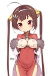  1girl :o ahoge anchor_hair_ornament azur_lane bangs baozi blunt_bangs blush breast_padding brown_hair china_dress chinese_clothes commentary_request dated dress eyebrows_visible_through_hair food fur-trimmed_jacket fur_trim hair_ornament hairband hairpods head_tilt holding holding_food jacket kanya_pyi long_hair long_sleeves looking_at_viewer off_shoulder panties pantylines parted_lips pelvic_curtain ping_hai_(azur_lane) red_dress red_eyes sexually_suggestive side-tie_panties simple_background solo translated twintails underwear very_long_hair white_background white_hairband white_jacket white_panties 