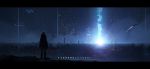  1girl asuteroid bad_id bad_twitter_id boots building city_lights cityscape commentary_request from_behind highres iz_(asuteroid) night original outdoors scenery science_fiction solo standing translated 