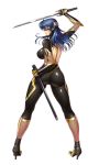  1girl arm_up armor ass back back_cutout bangs black_bodysuit blue_hair bodysuit breasts closed_mouth commentary_request fishnets from_behind full_body gloves gold_armor gold_trim high_heels highres hip_focus holding holding_sword holding_weapon impossible_bodysuit impossible_clothes katana kneepits large_breasts legs legs_apart lips long_hair looking_to_the_side official_art sheath shiga_asatsuki shiny shiny_clothes shiny_hair simple_background skin_tight solo standing straight_hair sword taimanin_(series) taimanin_asagi_kessen_arena thighs vambraces visor weapon white_background zol 