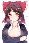  1girl absurdres black_hair bow commentary cookie_(touhou) crossed_arms hair_bow hair_tubes hakurei_reimu highres looking_at_viewer office_lady open_clothes open_shirt sananana solo sweat tail_or touhou upper_body yellow_eyes 
