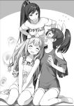  3girls azuki_azusa blush closed_eyes dress greyscale hair_ribbon hat headband hentai_ouji_to_warawanai_neko. highres maimaki_mai monochrome multiple_girls ponytail ribbon shorts smile socks source_request tsutsukakushi_tsukushi 