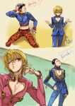  2boys absurdres alderion-al angry animal_print black_hair blonde_hair bruno_buccellati bruno_buccellati_(cosplay) cosplay crop_top earrings english_text giorno_giovanna giorno_giovanna_(cosplay) guido_mista guido_mista_(cosplay) hand_on_hip hat heart_cutout highres hunter_x_hunter jewelry jojo_no_kimyou_na_bouken kurapika leorio_paladiknight male_focus midriff multiple_boys red_eyes shrug standing sweater tiger_print vento_aureo w_arms zipper 