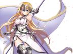  1girl armor armored_boots armored_dress armpits ass_visible_through_thighs banner black_legwear blonde_hair blue_eyes boots breasts breasts_apart cherry_blossoms dress eyebrows_visible_through_hair fate/apocrypha fate_(series) faulds floating_hair fur-trimmed_legwear fur_trim gauntlets headpiece jeanne_d&#039;arc_(fate) jeanne_d&#039;arc_(fate)_(all) large_breasts leg_up long_hair looking_at_viewer mashiro_aa sheath sheathed simple_background sleeveless sleeveless_dress smile solo sword thigh-highs thigh_boots very_long_hair weapon white_background white_dress 