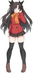  1girl bangs black_hair black_legwear black_skirt blue_eyes blush brown_footwear commentary_request eyebrows_visible_through_hair fate/stay_night fate_(series) full_body hair_ribbon hand_in_hair jacket long_hair long_sleeves looking_at_viewer orange_scarf parted_bangs pleated_skirt red_jacket ribbon scarf shiseki_hirame shoes simple_background skirt solo standing thigh-highs toosaka_rin two_side_up white_background zettai_ryouiki 