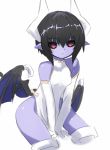  1girl black_hair black_sclera china_dress chinese_clothes dress elbow_gloves gloves horns karukan_(monjya) looking_at_viewer parted_lips purple_skin red_eyes seizaverus shinrabanshou short_hair simple_background sketch solo thigh-highs white_background white_gloves white_legwear wings 