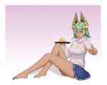  1girl absurdres alternate_costume bare_legs barefoot breasts casual cheese commission crown dakkalot dark_skin feet fire_emblem fire_emblem_heroes food green_hair hair_ornament highres holding holding_food laegjarn_(fire_emblem_heroes) legs lips lipstick looking_at_viewer makeup medium_breasts red_eyes short_hair simple_background sitting skirt smile solo sweater turtleneck turtleneck_sweater 