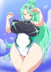  1girl bangs bare_arms bare_hips bea_(adfhbcf4326) black_swimsuit blue_sky blush breasts breasts_apart character_name clothes_writing clouds commentary_request covered_collarbone covered_navel covered_nipples curvy day earrings emerald_(gemstone) gem gloves green_eyes green_hair groin hair_ornament half-closed_eyes halterneck hands_up head_tilt headpiece high_ponytail highleg highleg_swimsuit highres hip_bones hip_focus jewelry large_breasts legs_together long_hair long_ponytail looking_at_viewer multicolored multicolored_clothes multicolored_swimsuit neon_trim one-piece_swimsuit one_eye_closed open_mouth outdoors partial_commentary pneuma_(xenoblade) raised_eyebrows sidelocks sky solo spoilers standing swept_bangs swimsuit taut_clothes taut_swimsuit thick_thighs thighs tiara turtleneck upper_teeth very_long_hair wet white_swimsuit wide_hips wince xenoblade_(series) xenoblade_2 