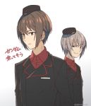  2boys bangs black_headwear black_jacket blue_eyes brown_eyes brown_hair closed_mouth dress_shirt emblem film_grain garrison_cap genderswap genderswap_(ftm) girls_und_panzer gradient gradient_background grey_background half-closed_eyes hat itsumi_erika jacket kuromorimine_military_uniform light_frown long_sleeves looking_at_another looking_to_the_side military military_hat military_uniform multiple_boys nishizumi_maho red_shirt shirt short_hair silver_hair smirk standing toshio translated twitter_username uniform upper_body wing_collar 