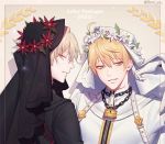  2boys ahoge arthur_pendragon_(fate) bom_ya chain character_name cosplay fate/prototype fate/prototype:_fragments_of_blue_and_silver fate_(series) head_wreath lock looking_back looking_to_the_side male_focus multiple_boys nero_claudius_(bride)_(fate) nero_claudius_(bride)_(fate)_(cosplay) nero_claudius_(fate)_(all) parted_lips platinum_blonde_hair smile upper_body veil white_hair yellow_eyes zipper 