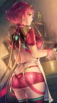  1girl anbe_yoshirou apron ass bangs breasts commentary_request cooking earrings fingerless_gloves from_behind gloves headpiece highres pyra_(xenoblade) humming indoors jewelry kitchen large_breasts pot red_eyes red_shorts redhead short_hair shorts shoulder_armor smile swept_bangs thigh-highs thighs tiara wooden_wall xenoblade_(series) xenoblade_2 